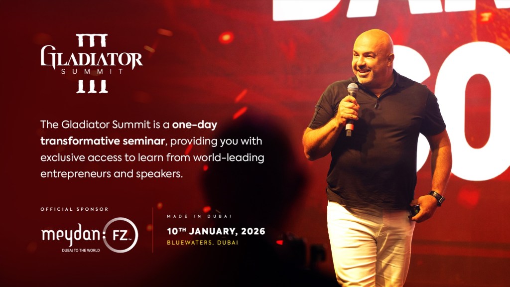 Dariush Soudi is presenting on stage at
Gladiator Summit, a high-energy leadership
and business seminar featuring global
entrepreneurs.
