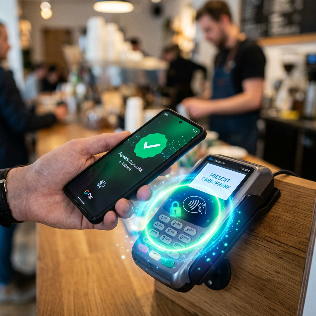 Hand holding smartphone showing payment successful next to contactless payment terminal