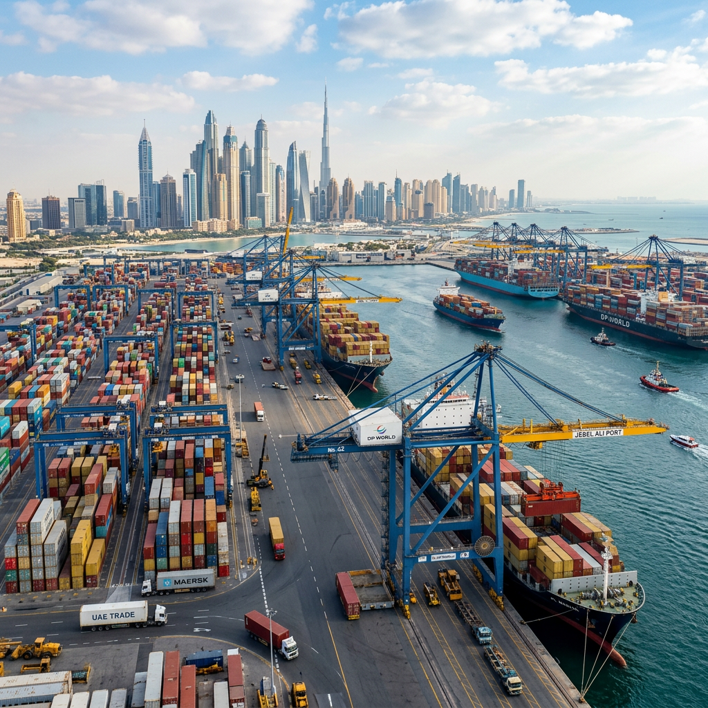 Container ships docked and loading at Jebel Ali Port with Dubai skyline