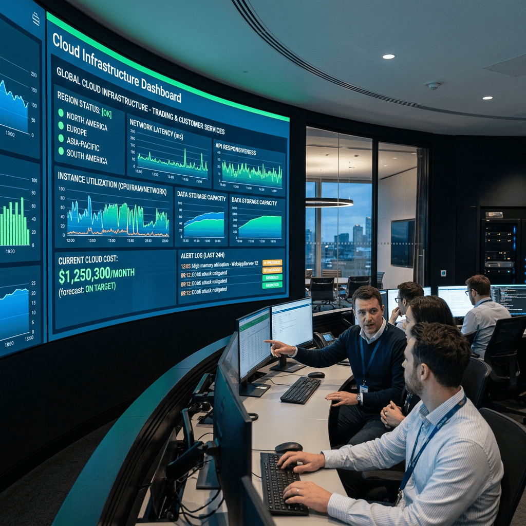 Team reviewing cloud infrastructure metrics and alert logs on dashboard