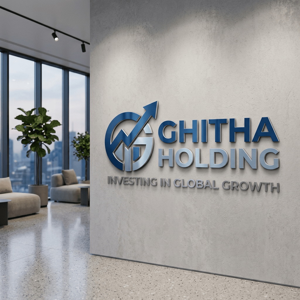 Ghitha Holding logo with upward arrow and tagline Investing in global growth on an office wall